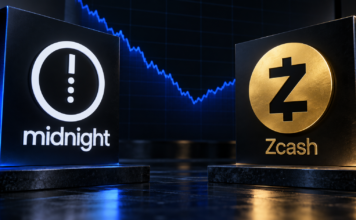 Midnight- und Zcash-Logo vor einem stilisierten Kurschart