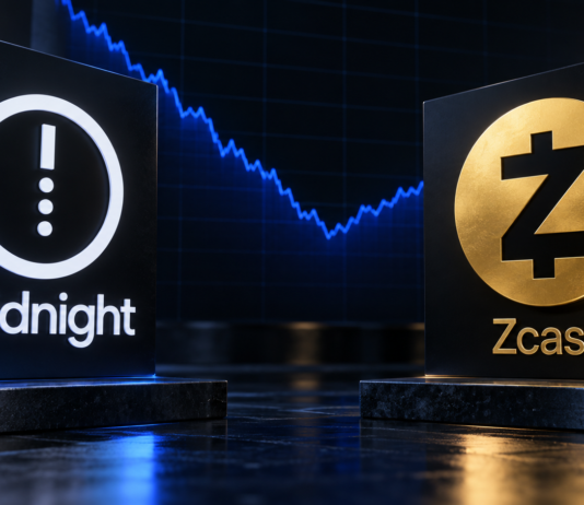Midnight- und Zcash-Logo vor einem stilisierten Kurschart