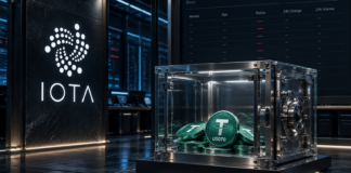 IOTA-Logo neben einem Tresor mit USDT0-Token und einer Handelstafel ohne aktive Märkte.