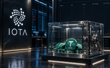 IOTA-Logo neben einem Tresor mit USDT0-Token und einer Handelstafel ohne aktive Märkte.
