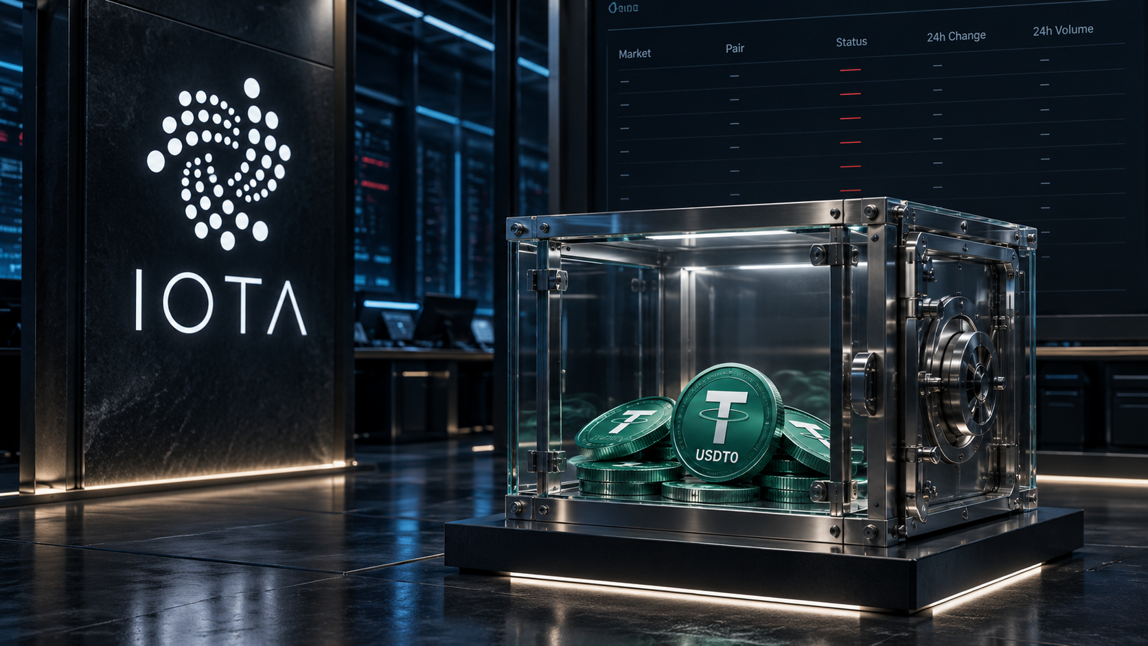 IOTA-Logo neben einem Tresor mit USDT0-Token und einer Handelstafel ohne aktive Märkte.