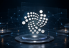 IOTA-Symbol über einem digitalen Testnet mit vernetzten Validator-Nodes für Protokoll 34