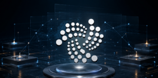IOTA-Symbol über einem digitalen Testnet mit vernetzten Validator-Nodes für Protokoll 34