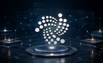 IOTA-Symbol über einem digitalen Testnet mit vernetzten Validator-Nodes für Protokoll 34