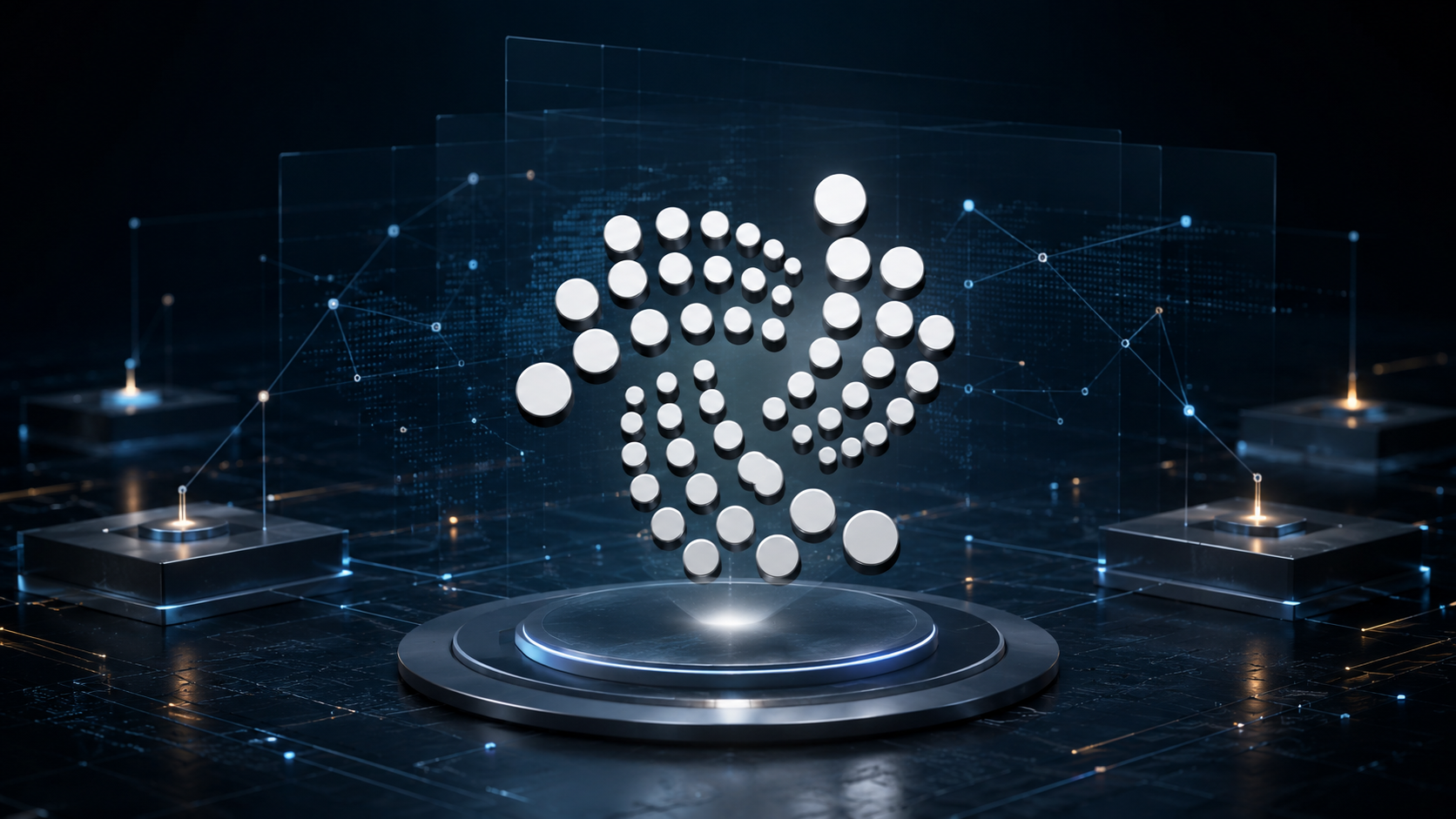 IOTA-Symbol über einem digitalen Testnet mit vernetzten Validator-Nodes für Protokoll 34