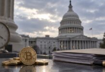 CLARITY Act gescheitert: Kommt die nächste Abstimmung erst 2030? Bitcoin-Münzen und Aktenmappe vor dem US-Kapitol als Symbolbild für den gescheiterten CLARITY Act und die Krypto-Regulierung in den USA