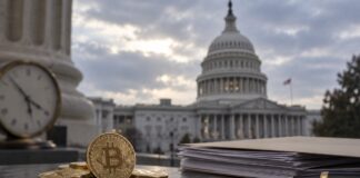 Bitcoin-Münzen und Aktenmappe vor dem US-Kapitol als Symbolbild für den gescheiterten CLARITY Act und die Krypto-Regulierung in den USA