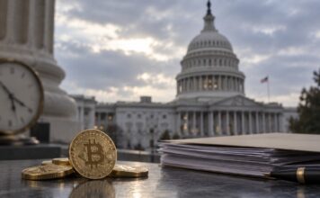 CLARITY Act gescheitert: Kommt die nächste Abstimmung erst 2030? Bitcoin-Münzen und Aktenmappe vor dem US-Kapitol als Symbolbild für den gescheiterten CLARITY Act und die Krypto-Regulierung in den USA