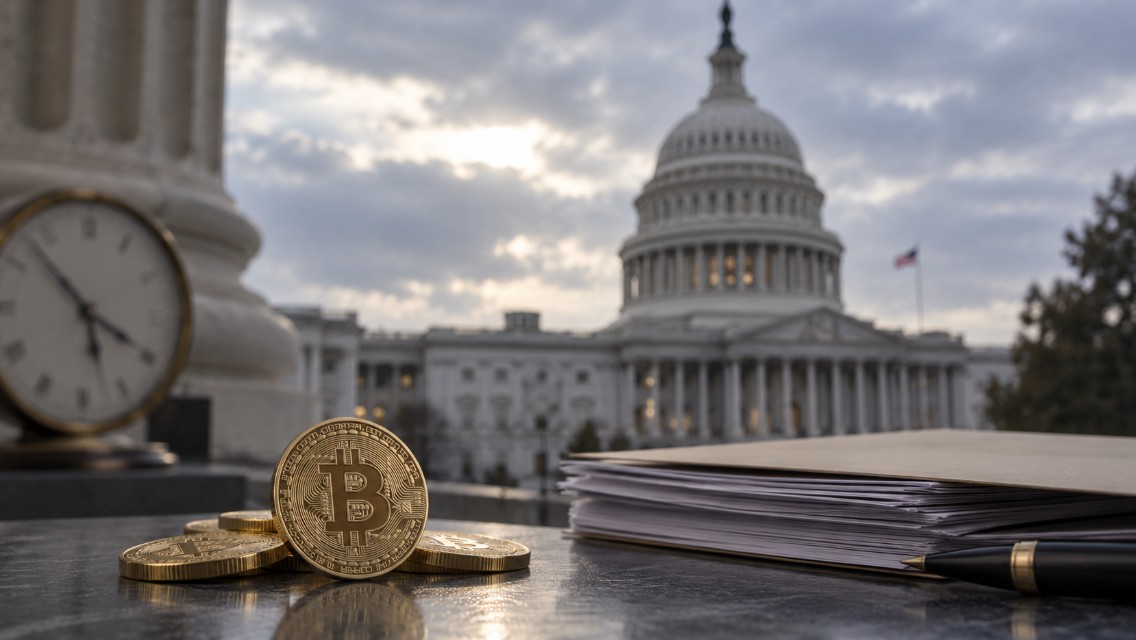 Bitcoin-Münzen und Aktenmappe vor dem US-Kapitol als Symbolbild für den gescheiterten CLARITY Act und die Krypto-Regulierung in den USA