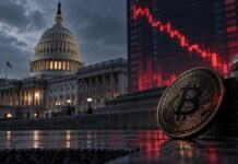 BREAKING: Clarity Act scheitert im US-Senat – Bitcoin fällt Bitcoin vor dem US-Kapitol mit fallendem roten Kurschart nach dem Scheitern des CLARITY Act im US-Senat