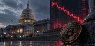 Bitcoin vor dem US-Kapitol mit fallendem roten Kurschart nach dem Scheitern des CLARITY Act im US-Senat