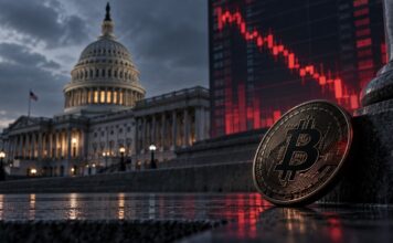 Bitcoin vor dem US-Kapitol mit fallendem roten Kurschart nach dem Scheitern des CLARITY Act im US-Senat