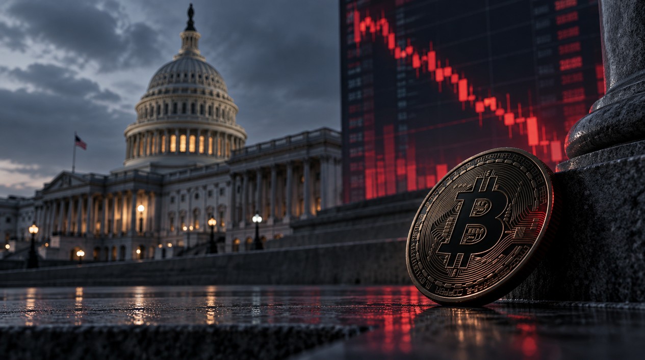 Bitcoin vor dem US-Kapitol mit fallendem roten Kurschart nach dem Scheitern des CLARITY Act im US-Senat