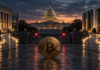 Bitcoin vor dem US-Kapitol nach dem Scheitern des CLARITY Act im Senat