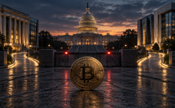 Bitcoin vor dem US-Kapitol nach dem Scheitern des CLARITY Act im Senat