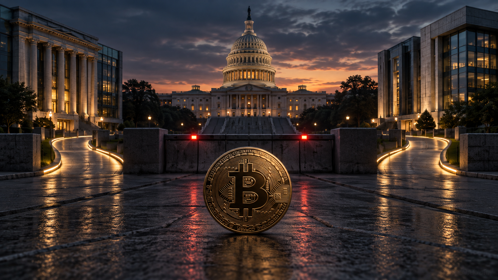 Bitcoin vor dem US-Kapitol nach dem Scheitern des CLARITY Act im Senat
