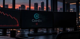 CoinEx-Logo auf einem abschaltenden Trading-Bildschirm neben fallendem Kryptokurs und ausgeschaltetem Monitor