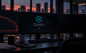 CoinEx-Logo auf einem abschaltenden Trading-Bildschirm neben fallendem Kryptokurs und ausgeschaltetem Monitor
