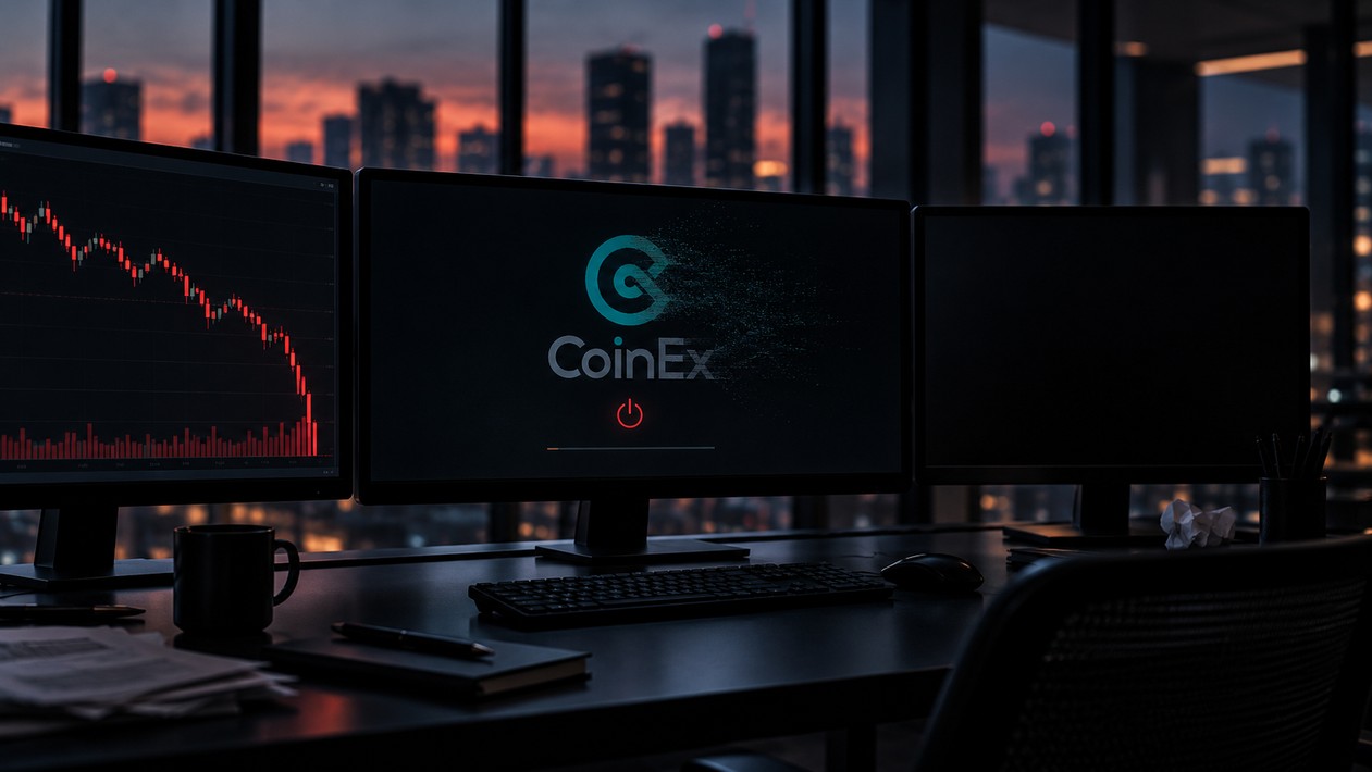CoinEx-Logo auf einem abschaltenden Trading-Bildschirm neben fallendem Kryptokurs und ausgeschaltetem Monitor