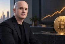 Brian Armstrong in einem modernen Büro vor einem großen Bitcoin-Symbol und einer steigenden Kursgrafik.