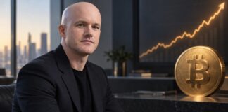 Brian Armstrong in einem modernen Büro vor einem großen Bitcoin-Symbol und einer steigenden Kursgrafik.