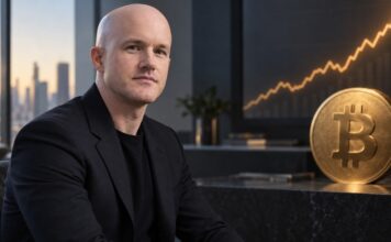 Brian Armstrong in einem modernen Büro vor einem großen Bitcoin-Symbol und einer steigenden Kursgrafik.