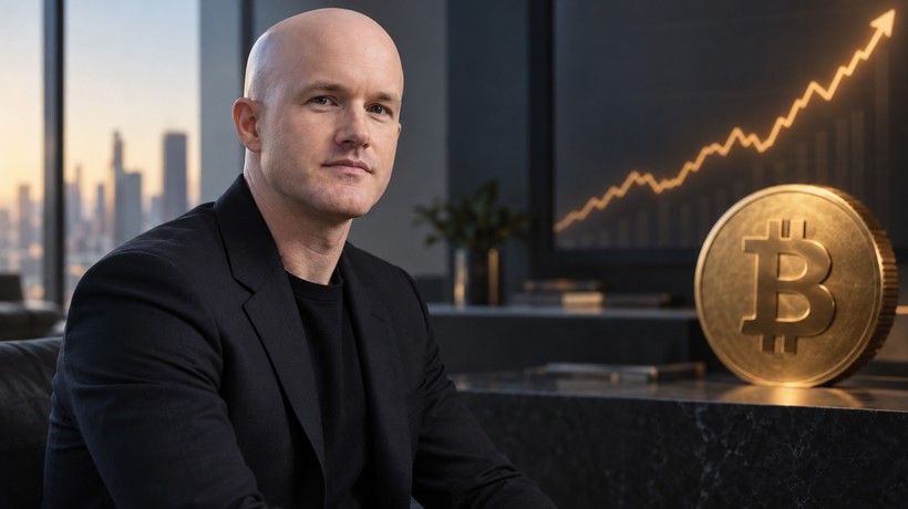 Brian Armstrong in einem modernen Büro vor einem großen Bitcoin-Symbol und einer steigenden Kursgrafik.