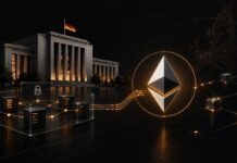 Illustration der Deutschen Bundesbank mit einer privaten Blockchain-Infrastruktur und prominentem Ethereum-Logo als Verifikationsschicht vor dunklem Hintergrund