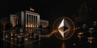 Illustration der Deutschen Bundesbank mit einer privaten Blockchain-Infrastruktur und prominentem Ethereum-Logo als Verifikationsschicht vor dunklem Hintergrund