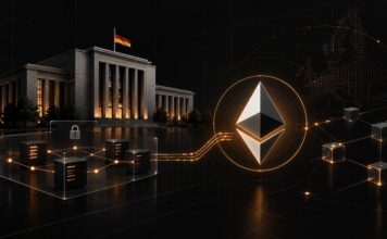 Illustration der Deutschen Bundesbank mit einer privaten Blockchain-Infrastruktur und prominentem Ethereum-Logo als Verifikationsschicht vor dunklem Hintergrund