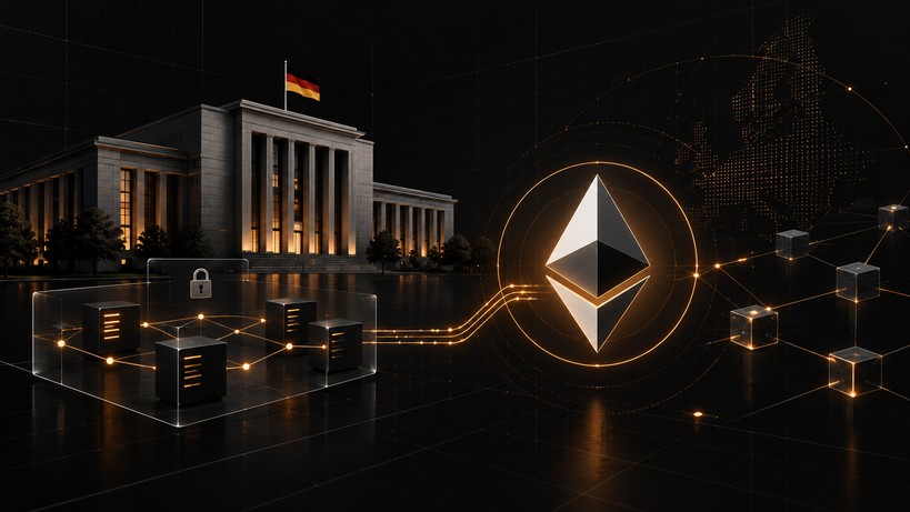 Illustration der Deutschen Bundesbank mit einer privaten Blockchain-Infrastruktur und prominentem Ethereum-Logo als Verifikationsschicht vor dunklem Hintergrund