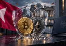 Bitcoin und Ethereum in einem zerbrechenden Schutzschild vor dem Bundestag