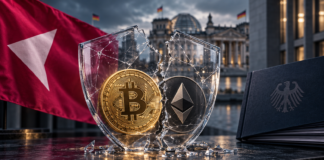 Bitcoin und Ethereum in einem zerbrechenden Schutzschild vor dem Bundestag