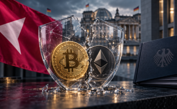 Bitcoin und Ethereum in einem zerbrechenden Schutzschild vor dem Bundestag