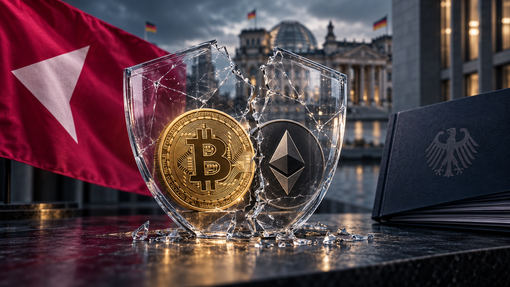 Bitcoin und Ethereum in einem zerbrechenden Schutzschild vor dem Bundestag