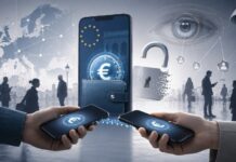 Digitaler Euro auf Smartphones mit Überwachungssymbolen und geöffnetem Schloss als Sinnbild für fehlende Privatsphäre.
