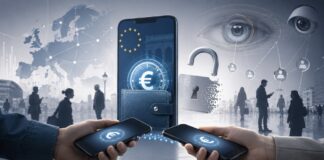 Digitaler Euro startet: Ablaufdatum, Offline-Transaktionen und Privatsphäre im Fokus Digitaler Euro auf Smartphones mit Überwachungssymbolen und geöffnetem Schloss als Sinnbild für fehlende Privatsphäre.