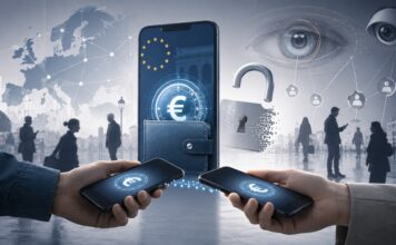 Digitaler Euro startet: Ablaufdatum, Offline-Transaktionen und Privatsphäre im Fokus Digitaler Euro auf Smartphones mit Überwachungssymbolen und geöffnetem Schloss als Sinnbild für fehlende Privatsphäre.