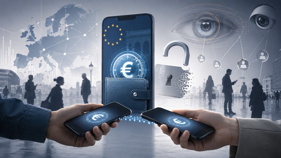 Digitaler Euro auf Smartphones mit Überwachungssymbolen und geöffnetem Schloss als Sinnbild für fehlende Privatsphäre.