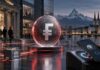 Digitaler Franken im Praxistest: Banken lancieren CHF-Stablecoin Digitaler Schweizer Franken als Stablecoin vor Banken, Zahlungsinfrastruktur und Schweizer Alpen.