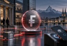 Digitaler Schweizer Franken als Stablecoin vor Banken, Zahlungsinfrastruktur und Schweizer Alpen.
