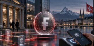 Digitaler Franken im Praxistest: Banken lancieren CHF-Stablecoin Digitaler Schweizer Franken als Stablecoin vor Banken, Zahlungsinfrastruktur und Schweizer Alpen.