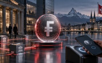 Digitaler Franken im Praxistest: Banken lancieren CHF-Stablecoin Digitaler Schweizer Franken als Stablecoin vor Banken, Zahlungsinfrastruktur und Schweizer Alpen.