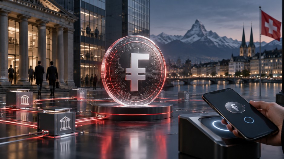 Digitaler Schweizer Franken als Stablecoin vor Banken, Zahlungsinfrastruktur und Schweizer Alpen.