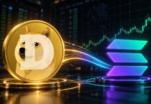Illustration von Dogecoin und dem Solana-Logo vor einem steigenden Kurschart, symbolisch für den Start von Dogecoin auf Solana und mögliche Kursgewinne.