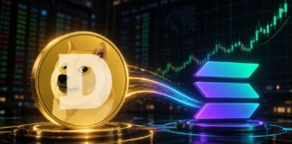 Dogecoin startet auf Solana: Kommt jetzt ein DOGE-Kursanstieg? Illustration von Dogecoin und dem Solana-Logo vor einem steigenden Kurschart, symbolisch für den Start von Dogecoin auf Solana und mögliche Kursgewinne.