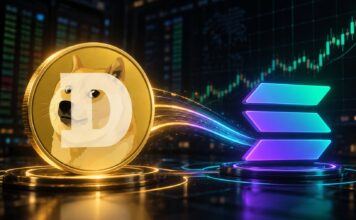 Illustration von Dogecoin und dem Solana-Logo vor einem steigenden Kurschart, symbolisch für den Start von Dogecoin auf Solana und mögliche Kursgewinne.