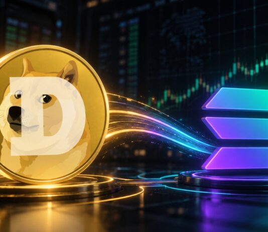 Illustration von Dogecoin und dem Solana-Logo vor einem steigenden Kurschart, symbolisch für den Start von Dogecoin auf Solana und mögliche Kursgewinne.