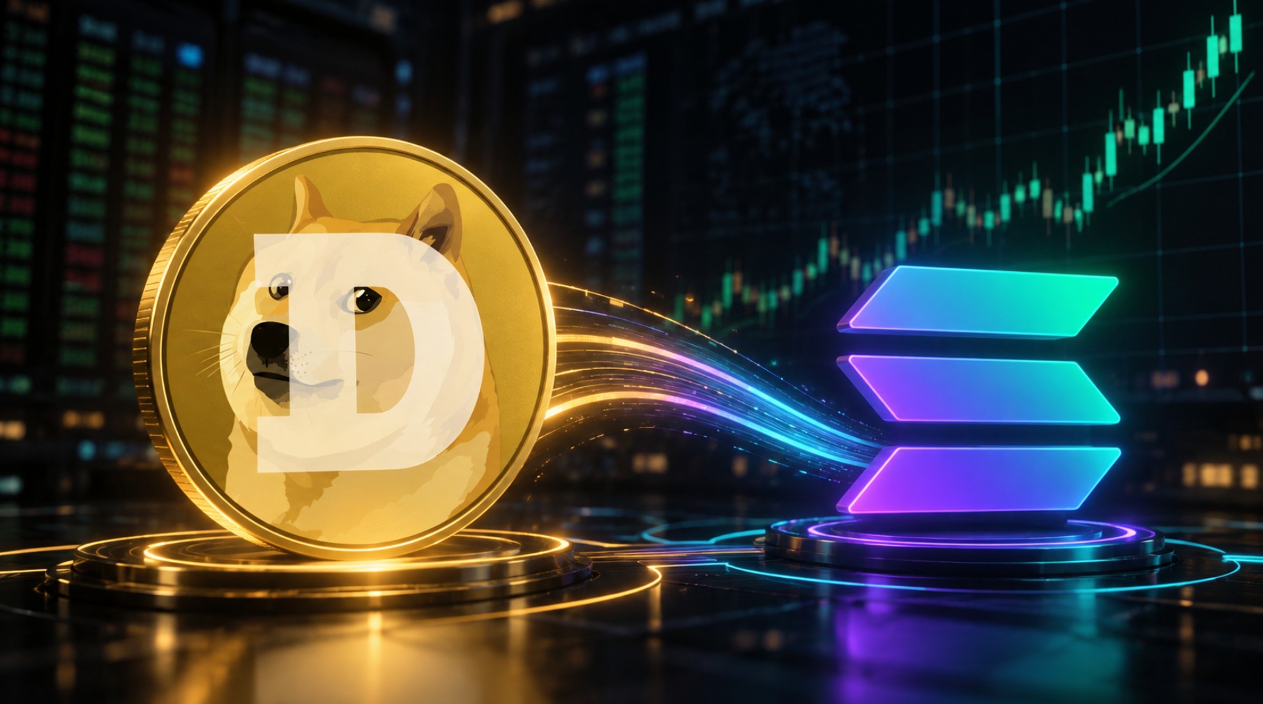 Illustration von Dogecoin und dem Solana-Logo vor einem steigenden Kurschart, symbolisch für den Start von Dogecoin auf Solana und mögliche Kursgewinne.