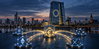 EZB-Gebäude mit Euro-Abwicklungsnetzwerk und XRP-Ledger-Symbol